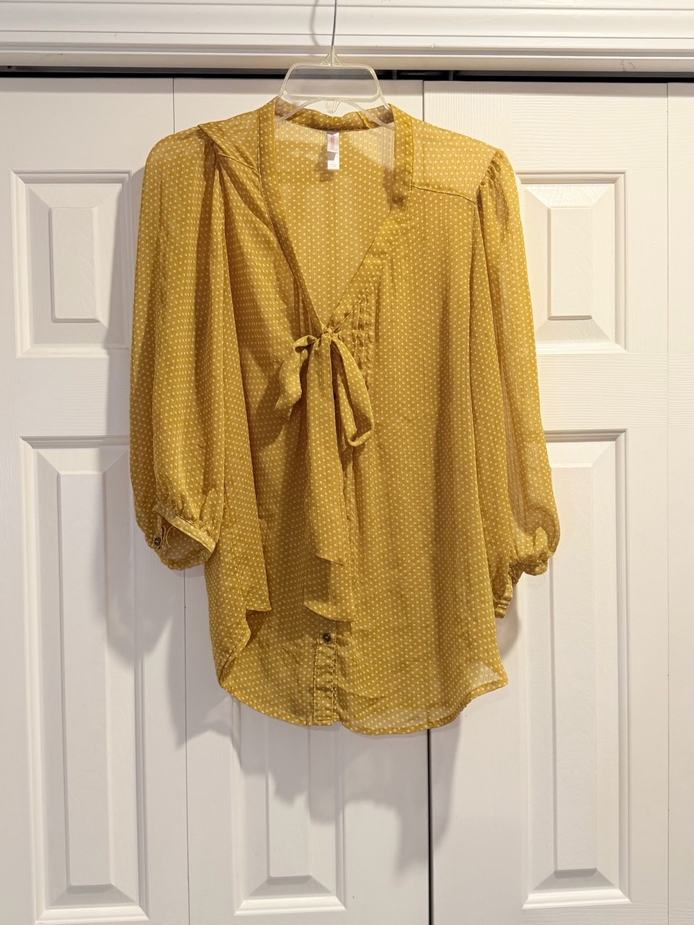 Xhilaration Mustard Polka Dot Tie-Neck Blouse
